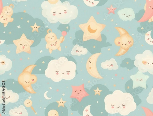 Cute pastel night sky pattern with smiling stars, moons, and clouds on a light blue background.
