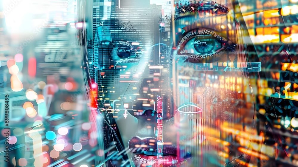 A futuristic digital portrait of a woman, her face intricately blended with high-tech elements and digital interfaces from the cityscape, depicting a seamless integration of human and technology. A futuristic digital portrait of a woman, her face intricately blended with high-tech elements and digital interfaces from the cityscape, depicting a seamless integration of human and technology.