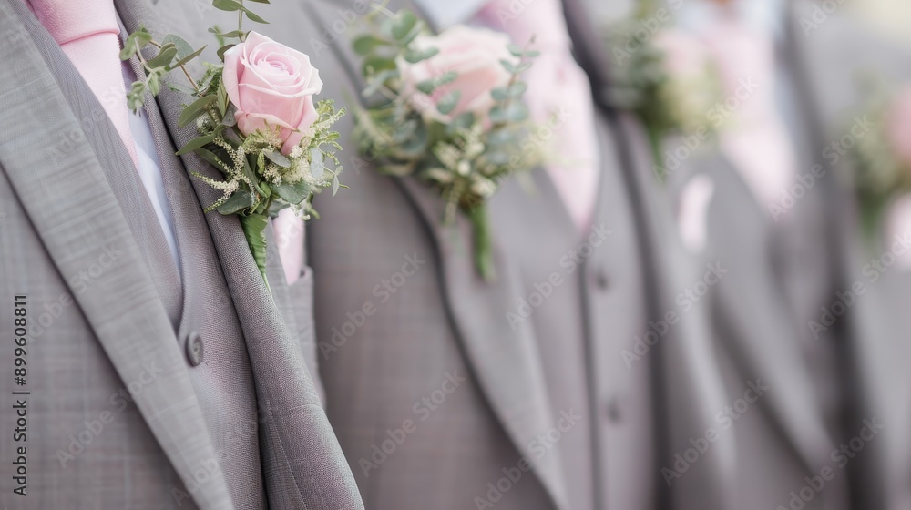 Groomsmen with pink rose boutonni?res on gray suits for wedding ceremony Groomsmen with pink rose boutonni?res on gray suits for wedding ceremony