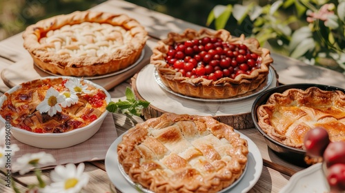 Delicious homemade cherry pies on rustic outdoor table with daisies photo