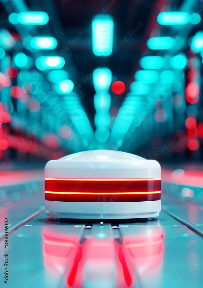 A white autonomous delivery robot moving on a conveyor belt with red lights and a blurred background of blue and red lights. A white autonomous delivery robot moving on a conveyor belt with red lights and a blurred background of blue and red lights.