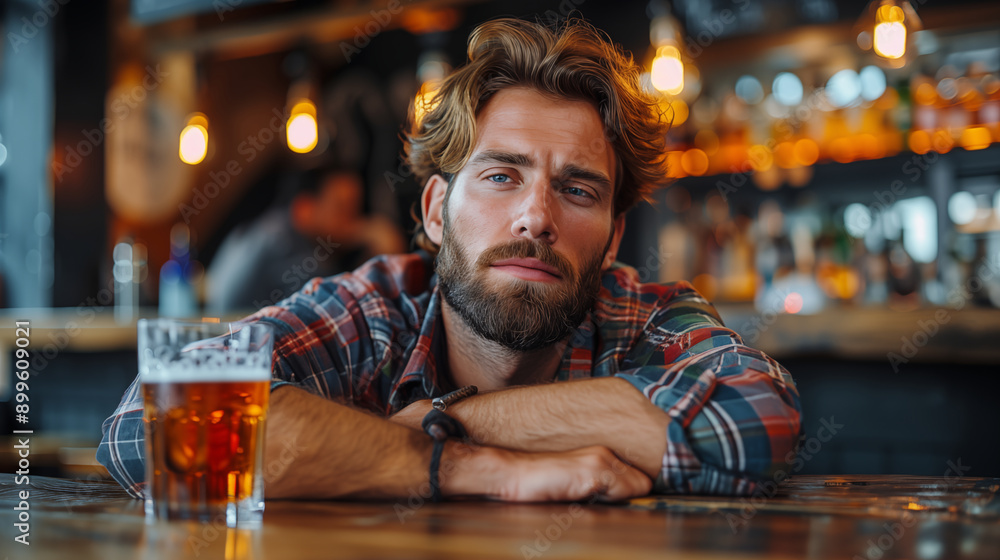 Bearded man in plaid shirt resting at bar counter with beer, looking pensive. Concept of relaxation, loneliness, and contemplation in social setting. Bearded man in plaid shirt resting at bar counter with beer, looking pensive. Concept of relaxation, loneliness, and contemplation in social setting.