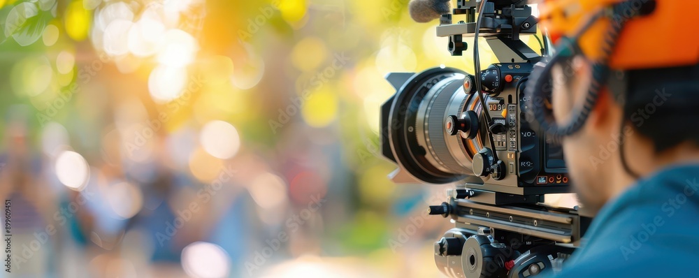 Closeup of a cameraman filming with a professional camera in a park, blurred background. Closeup of a cameraman filming with a professional camera in a park, blurred background.