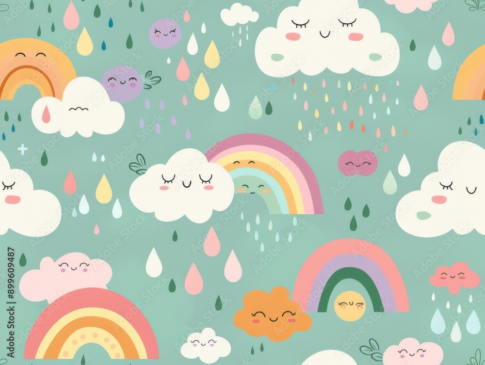 Seamless pattern with cute clouds, rainbows, and raindrops in pastel colors. Perfect for kids' designs and playful backgrounds. Seamless pattern with cute clouds, rainbows, and raindrops in pastel colors. Perfect for kids' designs and playful backgrounds.