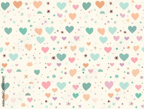 Seamless pattern of multicolored hearts and stars on a light background. Perfect for Valentine's Day, weddings, and romantic designs.