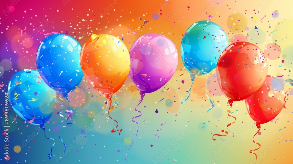 Vibrant and colorful scene with helium balloons in purple, blue, red, orange, and green. Background full of rainbow colors, confetti, and spotlight enhance festive and celebratory atmosphere. Vibrant and colorful scene with helium balloons in purple, blue, red, orange, and green. Background full of rainbow colors, confetti, and spotlight enhance festive and celebratory atmosphere.