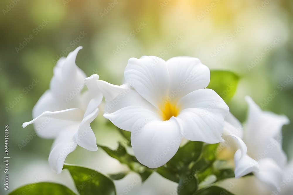 Fototapeta premium White dipladenia flower bokeh background, AI Generated