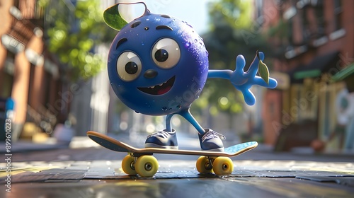 Cartoon Cool Skating Blueberry Character 3D randering. photo