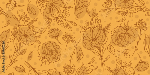 Floral pattern of branches, leaves and buds. Seamless floral and monotonous pattern.