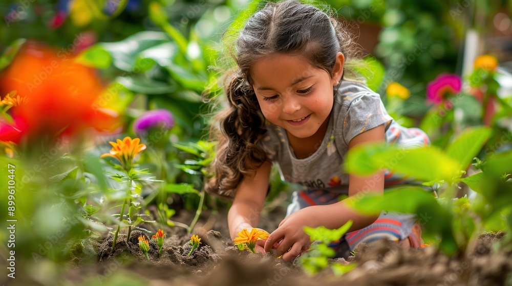 Young girl happily planting colorful flowers in the soil of the school garden, surrounded by vibrant greenery and educational tools about sustainability. Young girl happily planting colorful flowers in the soil of the school garden, surrounded by vibrant greenery and educational tools about sustainability.