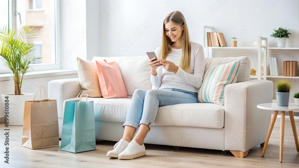 white clean interior, a girl sits on a white sofa in light clothes with packages nearby and holds a smartphone in her hands in which she is looking for purchases white clean interior, a girl sits on a white sofa in light clothes with packages nearby and holds a smartphone in her hands in which she is looking for purchases