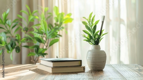 Selective focus on green plant in vase with books and pens on wooden table vintage theme with white curtain background