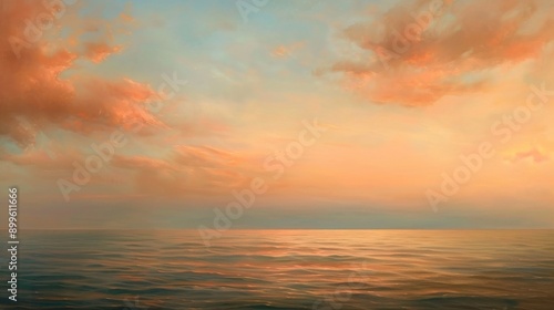 Sunset over the ocean with soft ripples and a warm pastel sky, creating a tranquil and beautiful seascape.. © Shisanupong