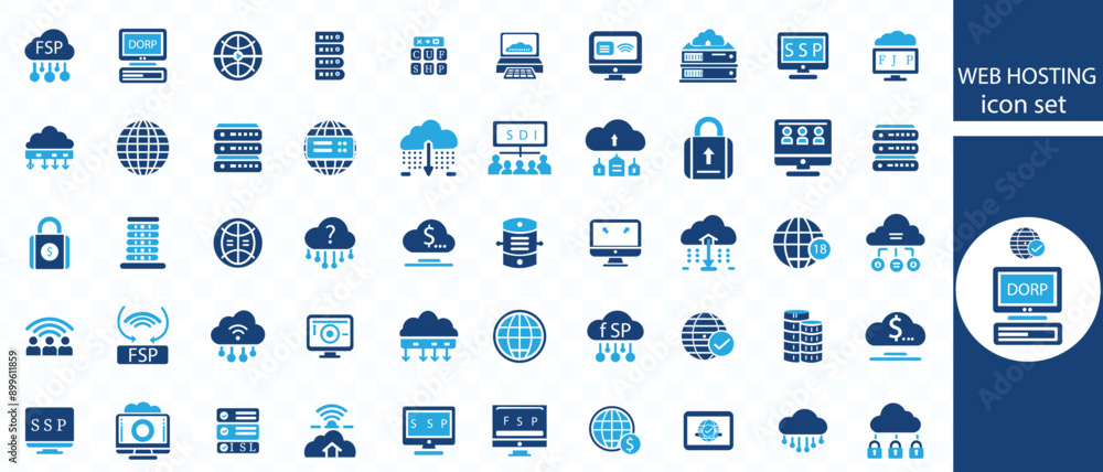 Web hosting icon set. Containing cloud computing, server, domain, firewall, internet, FTP, database, SSL, data hosting and more. Solid vector icons collection Web hosting icon set. Containing cloud computing, server, domain, firewall, internet, FTP, database, SSL, data hosting and more. Solid vector icons collection