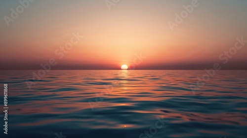 Sunset over calm ocean waters with soft ripples and a pastel sky, creating a serene and tranquil scene.