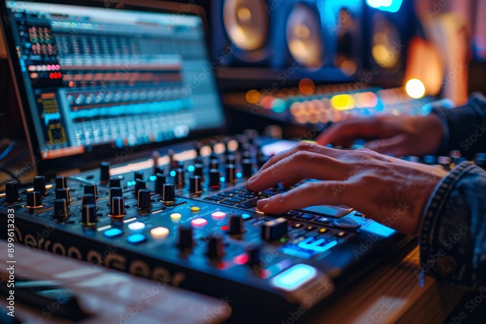 Modern DJ creating electronic music with mixer and laptop in contemporary studio setting Modern DJ creating electronic music with mixer and laptop in contemporary studio setting