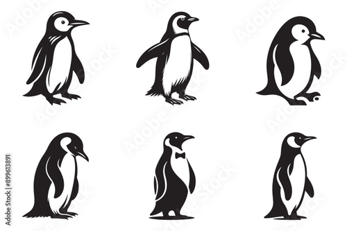  penguin set black silhouette art illustration white background - Generative AI