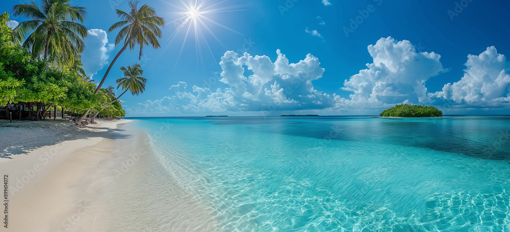 Fototapeta premium Tropical Beach with palm trees and blue sky
