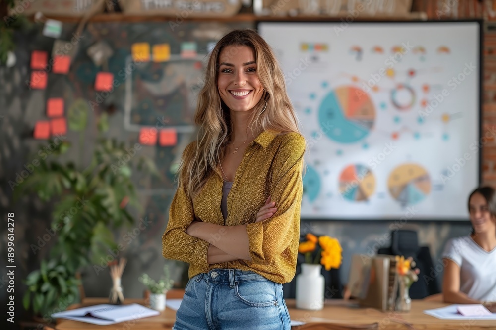 Confident Female Executive Presenting Strategic Plan to Diverse Team in Contemporary Office Setting Confident Female Executive Presenting Strategic Plan to Diverse Team in Contemporary Office Setting