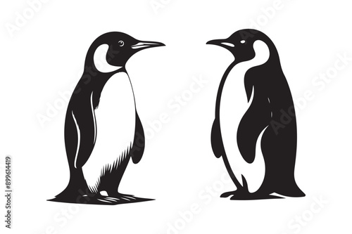  penguin set black silhouette art illustration white background - Generative AI