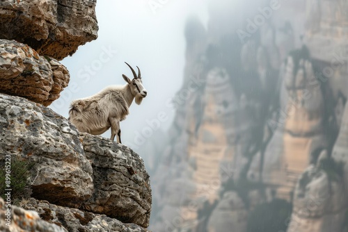 Wild Goat Posing on Cliff with Foggy Background