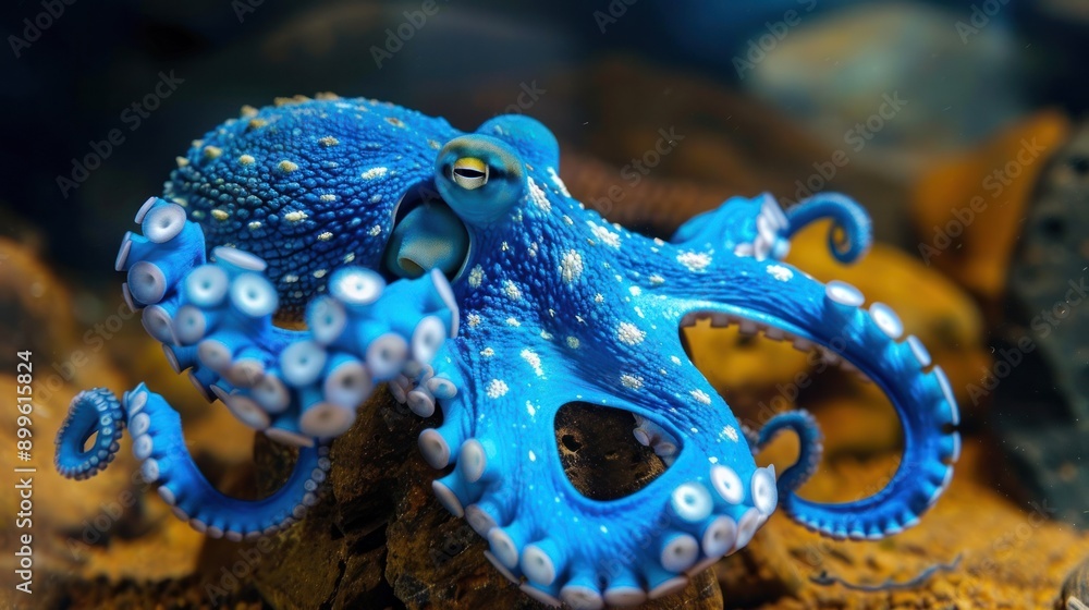 Fototapeta premium A blue octopus with white spots is shown in a close up