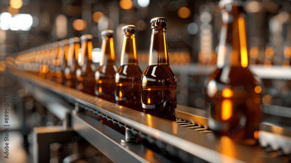 A conveyor belt with several bottles of beer on it A conveyor belt with several bottles of beer on it
