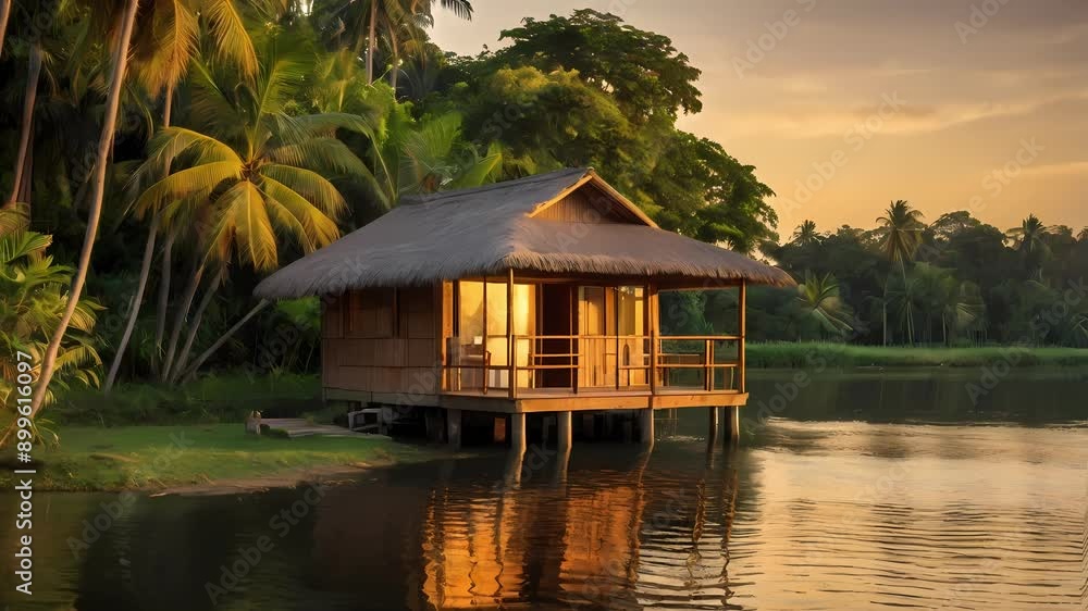 Beautiful natural view of house by the river on a tropical island Beautiful natural view of house by the river on a tropical island