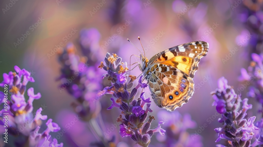 A butterfly is perched on a purple flower. Concept of tranquility and beauty, as the butterfly is surrounded by the delicate and vibrant purple flowers A butterfly is perched on a purple flower. Concept of tranquility and beauty, as the butterfly is surrounded by the delicate and vibrant purple flowers