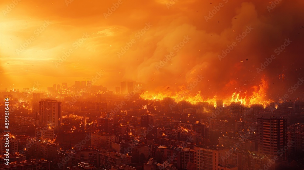 A city is on fire with a bright orange sky. The city is in flames and the sky is filled with smoke A city is on fire with a bright orange sky. The city is in flames and the sky is filled with smoke