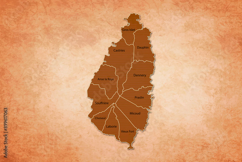 Saint Lucia Map. Saint Lucia Map with federal states in A vintage Color Texture Background