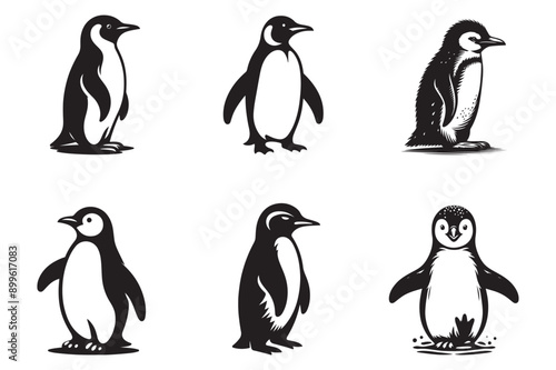  penguin set black silhouette art illustration white background - Generative AI