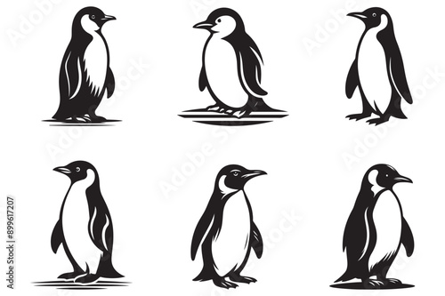  penguin set black silhouette art illustration white background - Generative AI