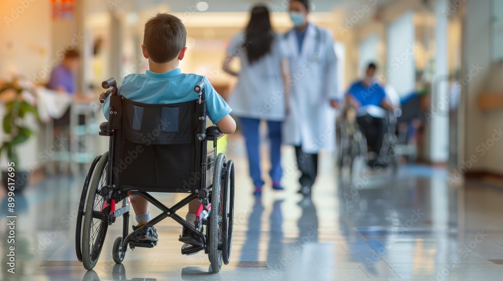 Boy in wheelchair in a hospital hallway with doctors and patients in the background. Healthcare and support for children with disabilities. Boy in wheelchair in a hospital hallway with doctors and patients in the background. Healthcare and support for children with disabilities.