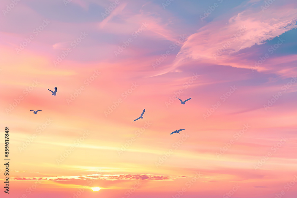 Obraz premium Peaceful Morning Sunrise with Birds Flying Across Pink and Orange Sky