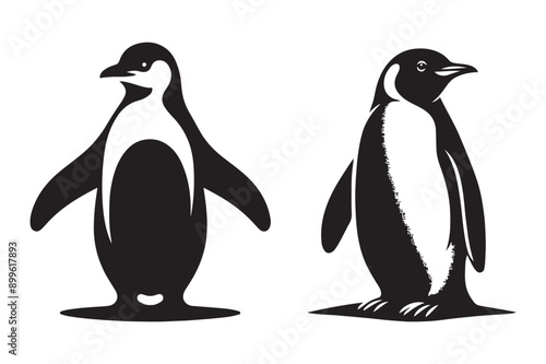  penguin set black silhouette art illustration white background - Generative AI