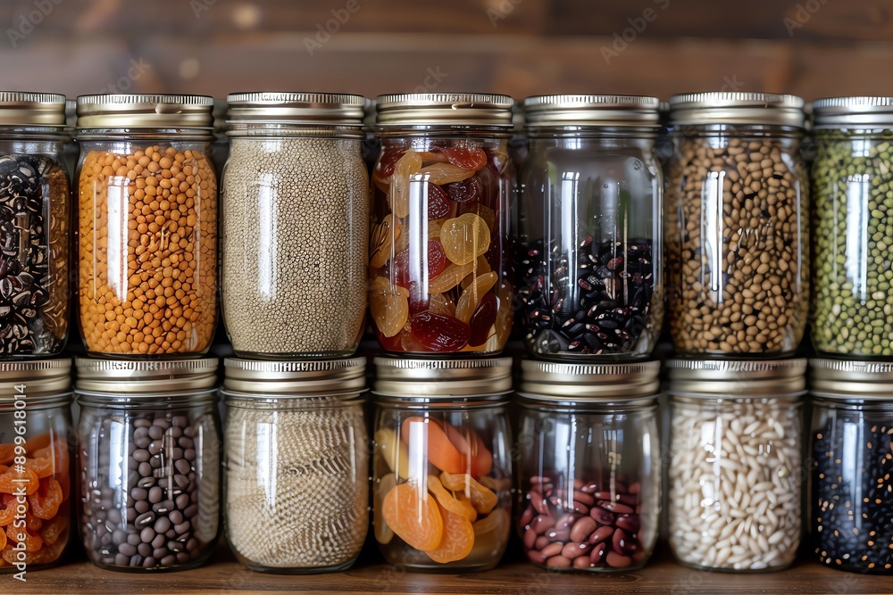 Assortment of dry goods in glass jars, including lentils, rice, beans, and dried fruit. Assortment of dry goods in glass jars, including lentils, rice, beans, and dried fruit.