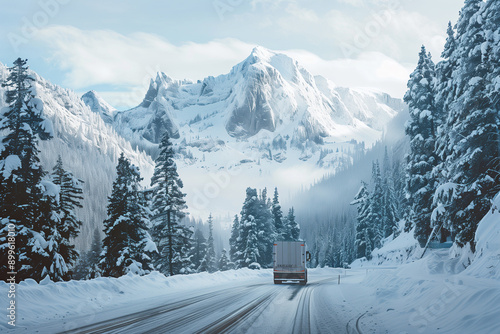 A truck driving through a snowy mountain