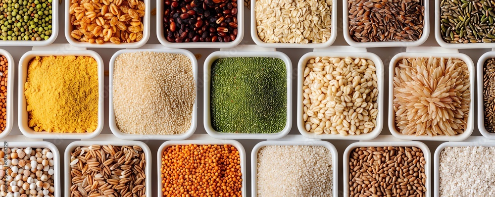 Variety of grains and seeds in white square containers. Variety of grains and seeds in white square containers.