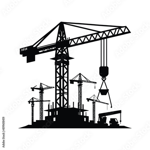 Black and white construction silhouette on white background