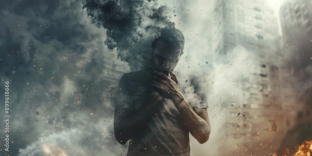 A man clutches his chest, struggling to breathe after inhaling smoke from a burning building. A man clutches his chest, struggling to breathe after inhaling smoke from a burning building.