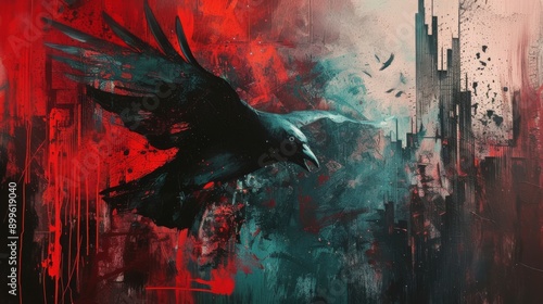 A striking abstract painting featuring a black crow in flight against a dramatic red and teal background. The bold use of colors and dynamic brush strokes convey a sense of movement and intensity. photo