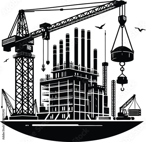 Black and white construction silhouette on white background