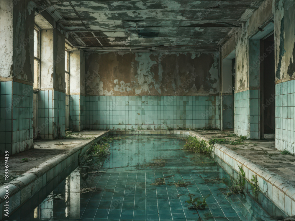 Nature reclaims its territory in this evocative image. Overgrown weeds and crumbling tiles paint a picture of decay, transforming a once lively space into a melancholic and thought-prov. generative AI Nature reclaims its territory in this evocative image. Overgrown weeds and crumbling tiles paint a picture of decay, transforming a once lively space into a melancholic and thought-prov. generative AI