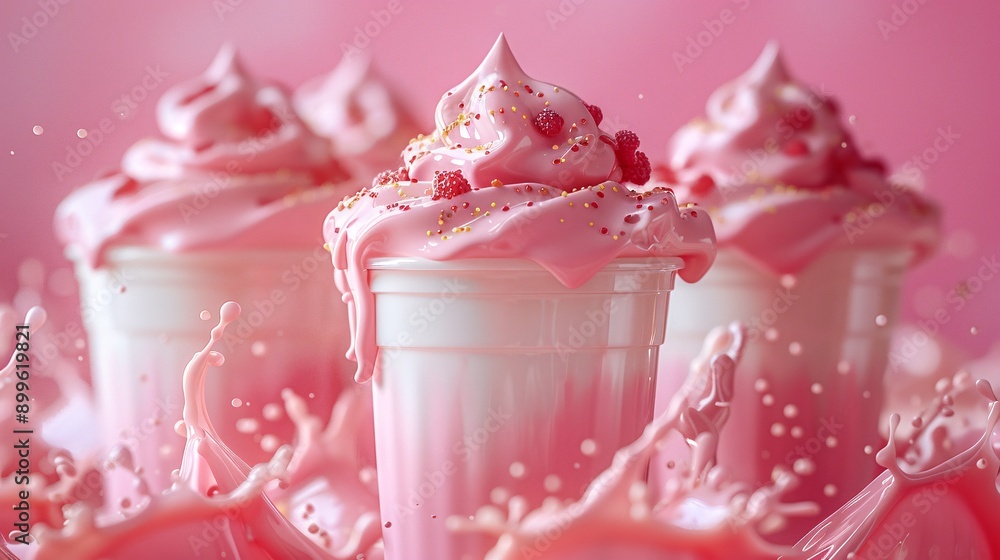 A swirling milkshake made with a blend of strawberries and cream, illustrated in 3D with splashes in motion. A swirling milkshake made with a blend of strawberries and cream, illustrated in 3D with splashes in motion.