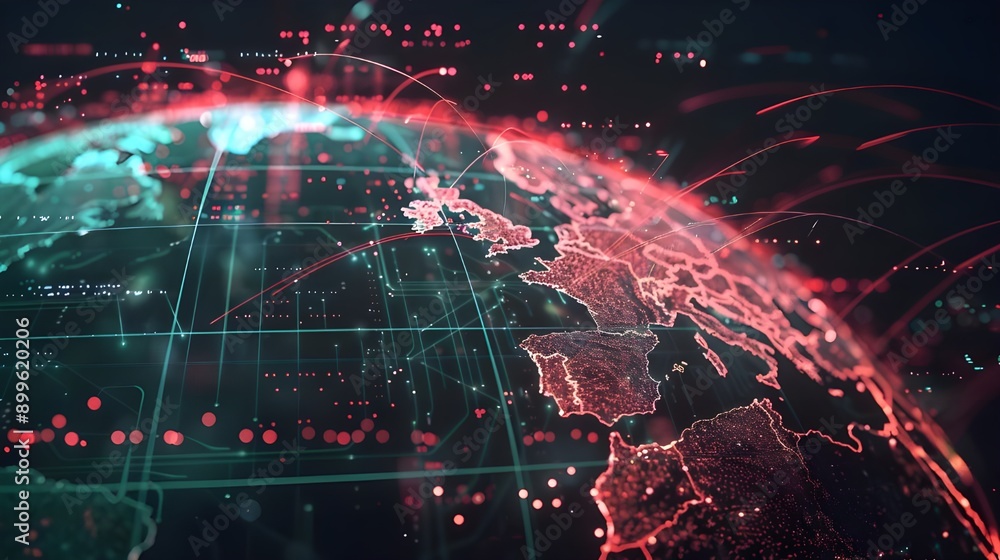 An overlaid network data visualization on a cityscape at night, highlighting technology integration in urban planning. An overlaid network data visualization on a cityscape at night, highlighting technology integration in urban planning.