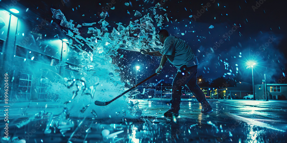 A man shatters a glass door while playing a pickup game of hockey in the parking lot. A man shatters a glass door while playing a pickup game of hockey in the parking lot.