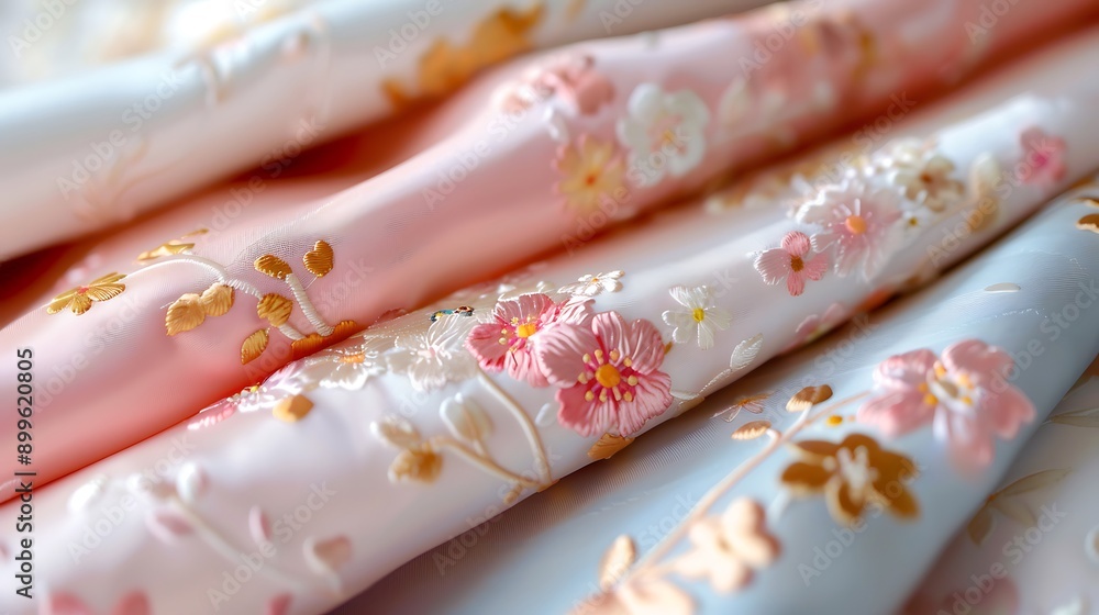 Delicate Floral Motifs in Soft Hues on Fabric Close-Up Delicate Floral Motifs in Soft Hues on Fabric Close-Up