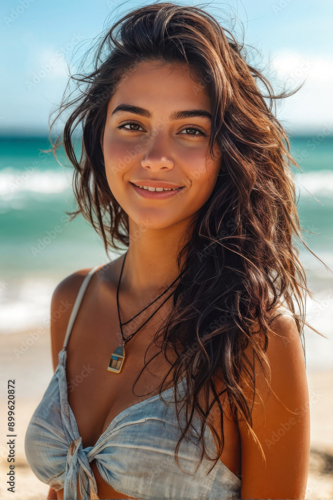 Radiant and carefree, a young Latina woman beams with joy as she gazes directly at the camera. Captured against the stunning backdrop of the ocean, this portrait exudes summer vibes and. generative AI Radiant and carefree, a young Latina woman beams with joy as she gazes directly at the camera. Captured against the stunning backdrop of the ocean, this portrait exudes summer vibes and. generative AI
