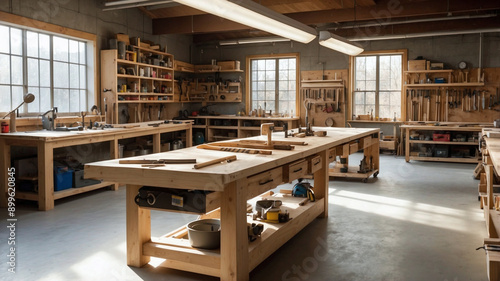 Sunlit Woodworking Workshop with Organized Tools and Rustic Charm